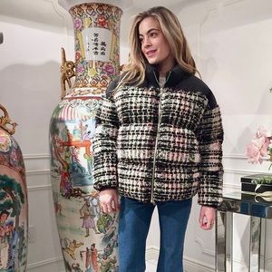 SANDY LIANG Drizzy Plaid Tweed Oversized Puffer Jacket in Black